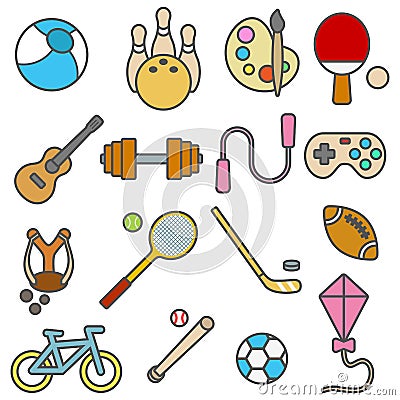 Set of color icons for leisure sports and hobbies in flat style. Vector Illustration